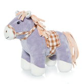Purple pony plush with beige checkered saddle and bridle, soft materials and playful design.